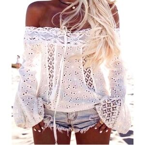 NWT STYLISH WHITE LACE PATCHWORK OFF SHOULDER BLOUSE TOP